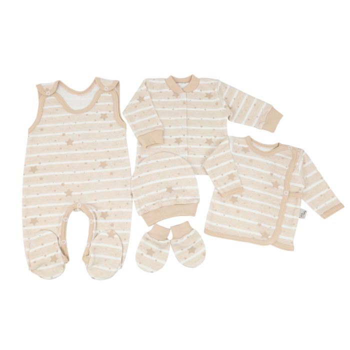 Kūdikio kraitelis - drabužėliai naujagimiui "Galaxy ecru" 5 dalių