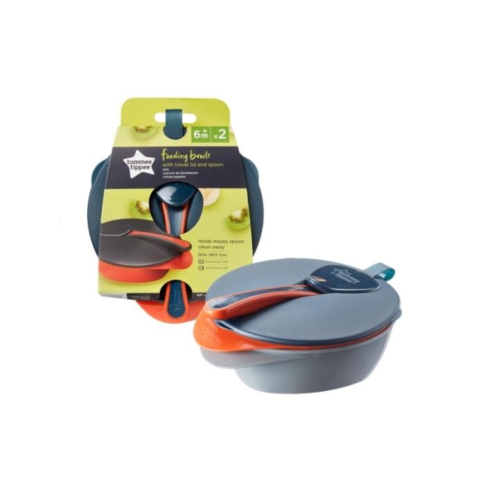 Tommee Tippee 2 dubenėliai su dangteliu ir šaukštu pilki