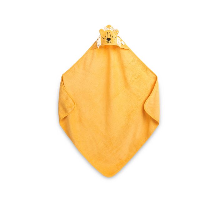 Rankšluostis kūdikiui "Lion" su gobtuvu 90X90 cm geltonas