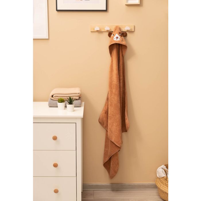 Rankšluostis kūdikiui "DOG" su gobtuvu 90X90 cm "frotte" rudos spalvos