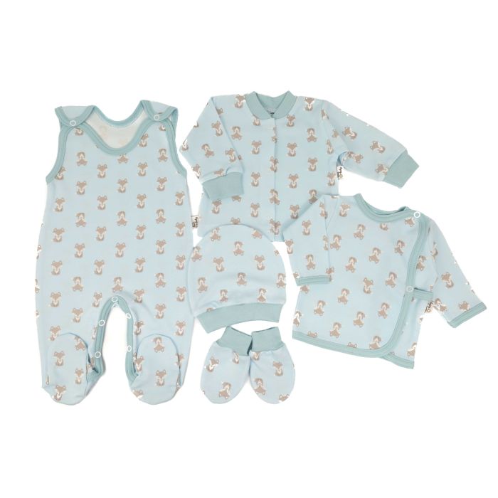Kūdikio kraitelis - drabužėliai naujagimiui "Fox" 5 dalių melsvos spalvos