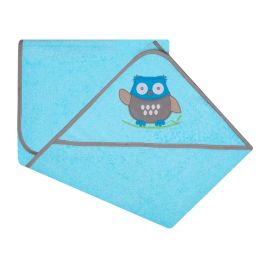 Rankšluostis kūdikiui "Happy owl" su gobtuvu 80x80cm "frotte" melsvos spalvos